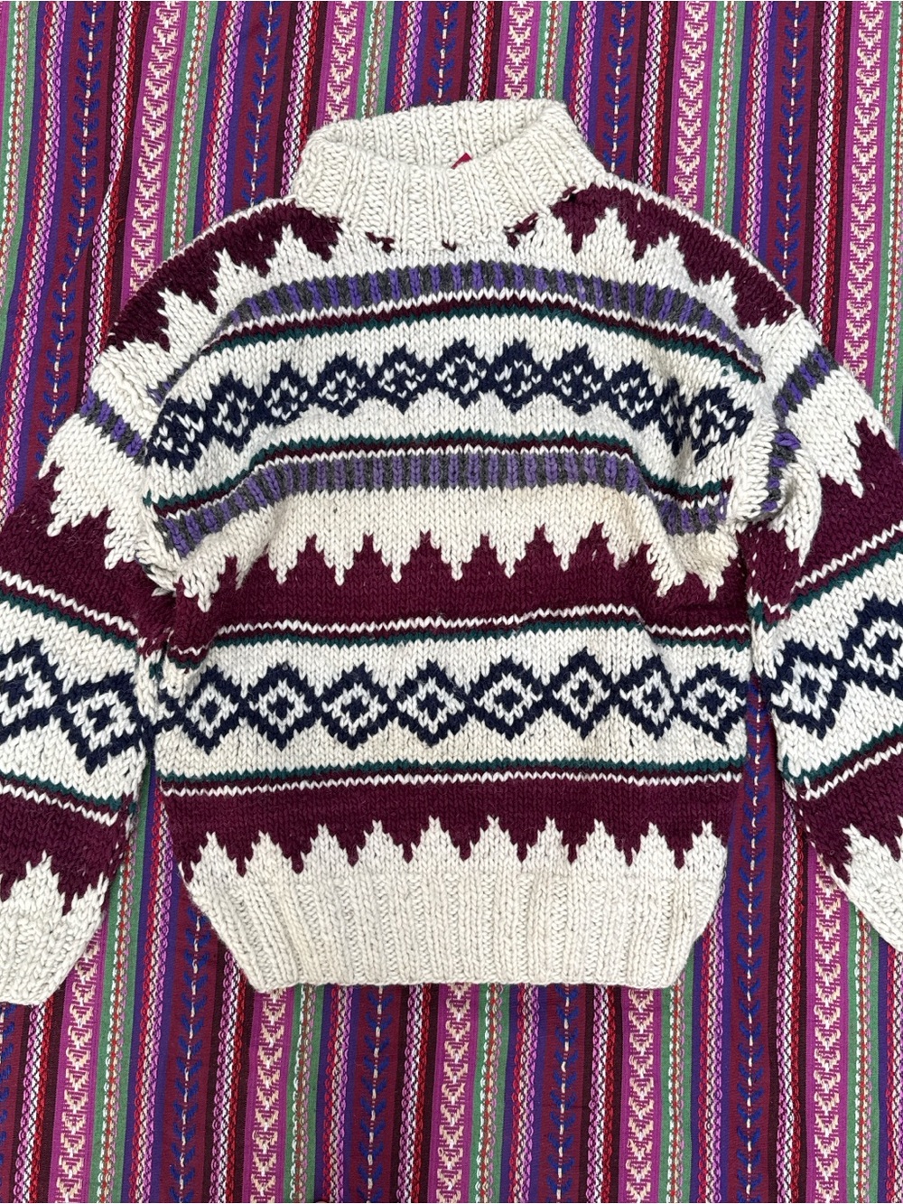 Men's Maroon and Cream Patterned Knit Wool Sweater